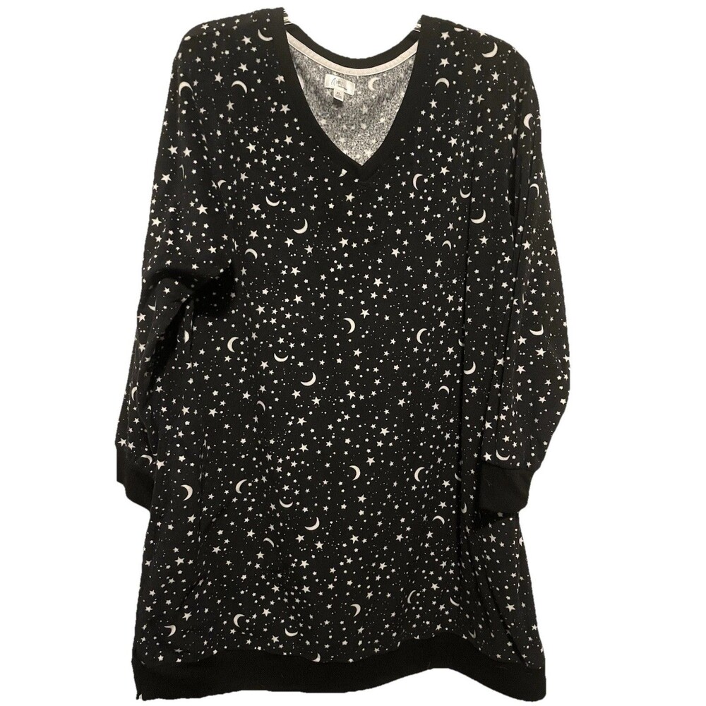 Aria Women’s Polyester Fleece Nightgown Sleepshirt Moon Stars Black XL 16-18
